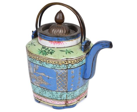 A Chinese Canton enamel teapot and cover18th/19th centuryOf lobed circular shape. Decorated with maritime landscapes and poet
