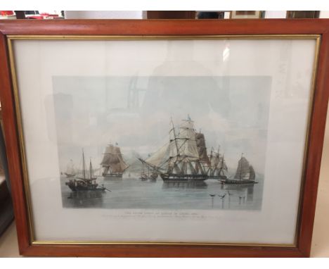 Three pictures to include 'Opium Ships at Linton, China', 1824, hand coloured engraving; together with a further 19th century