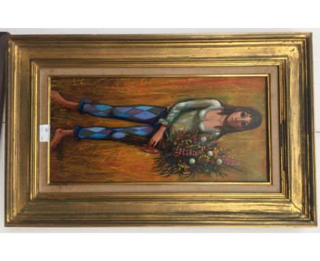 Jean-Pierre Serrier (French, 1934-1989): Full length portrait of a girl holding flowers, signed lower right, 50 x 24 cm