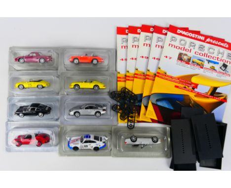 DeAgostini - 9 x boxed/carded die-cast 1:43 scale 'Porsche' models - Lot includes a #047 Porsche model in silver livery. A #0