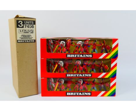 Britains Deetail - A trade box containing three boxed sets of Britains Deetail #7546 dismounted 'Indians'. The figures appear