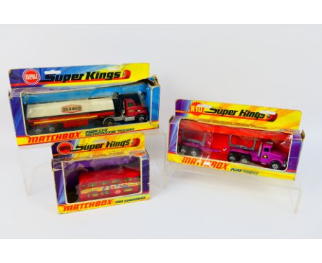 Matchbox - Super Kings - 3 x boxed die-cast model Matchbox Super Kings trucks and bus - Lot includes a #K-16 'Texaco' Ford LT