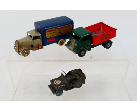 Triang Minic - Three unboxed vintage tinplate vehicles from Minic, including Willys Jeep; Transport Van; Forward Control Tipp