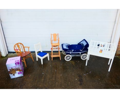 Silver Cross - Others - A collection of doll accessories that include a Silver Cross pram; high chair, cot  and chairs. Items