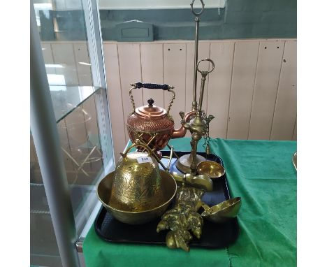 A quantity of brass items and Indian items, a 19th Century brass ladle, a brass copper spirit kettle on stand, two brass lamp