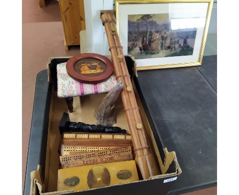 A Mauchline ware glove box, two inlaid mahogany cribbage boards plus one other stamped 'Anstine's Gold Flake Cigarettes' a sh