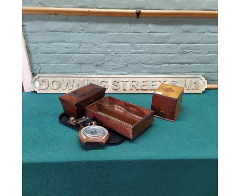 A Victorian rosewood tea caddy, mahogany jewellery box, cutlery box, barometer plus a wooden street sign 'Downing Street S.W.