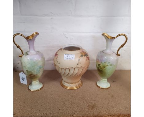 A pair of Royal Doulton hand painted small ewers (as found) plus a Royal Worcester blush ivory bulbous vase (no lid)