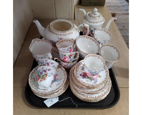 A Crown Staffordshire part tea set with teapot, cups, saucers, milk, sugar and sandwich plate