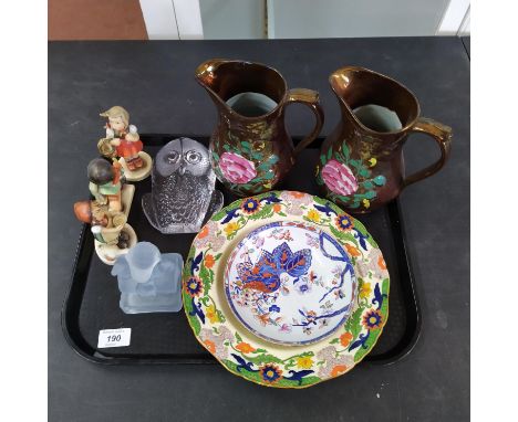 A pair of Victorian copper lustre jugs, Spode dish, a pressed glass owl paperweight plus a moulded glass Donald Duck paperwei