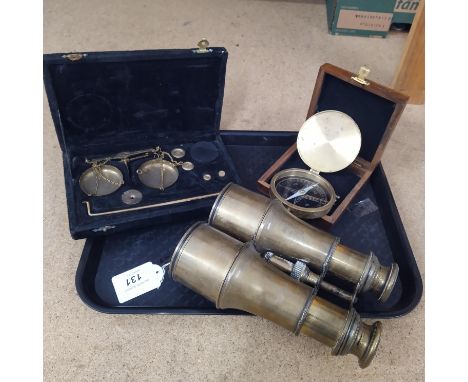 A pair of vintage 'Lennie of Edinburgh' brass binoculars (optics dirty) plus a cased set of scales and a cased brass compass