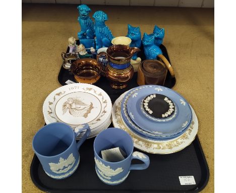 Assorted china including Spode and Wedgwood commemorative plates and jugs, two pieces of Sunderland lustre plus a turned lign