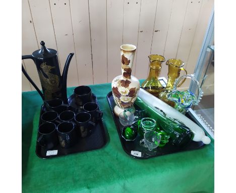 Assorted glass items including a pair of hand blown jugs, green glass stem vase, opaque glass rolling pin, Portmeirion potter