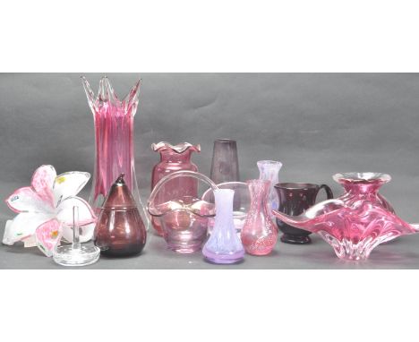 A large collection of 20th century glass to include Murano style vases, Caithness stem vase, a studio art glass flower orname