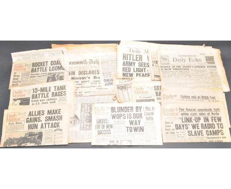 A collection of second world war WWII&nbsp;war time partial newspapers, headlines to include VE-Day! Public Holiday Today Tom
