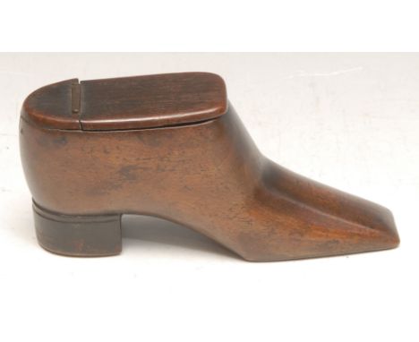 A large George IV mahogany novelty table snuff box, as a shoe, hinged cover, the sole dated in brass pinwork (18)26, 15.5cm l