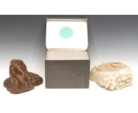 Coachmans Wig and a High Sheriffs Wig 1897 contained in a vintage Tooth Powder Box. 