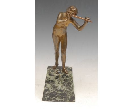 After Rene Paul Marquet (1875-1939), an Art Deco bronze, cast as a female nude playing a pipe, green marble base, 22.5cm high