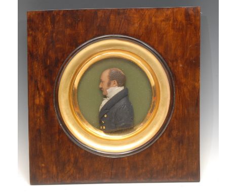 Jacob Hagbolt (1775 - 1849), a wax portrait, of a gentleman, half-length in profile, facing to dexter, wearing a blue coat an