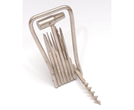 A nickel plated multi-tool bow corkscrew, 9.5cm long (folded) 