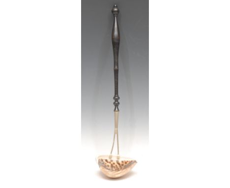 A 19th century 'wunderkammer' punch ladle, cowrie shell bowl, turned ebonised handle, 38cm long 