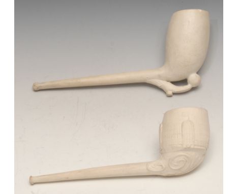 The Great Exhibition - a large clay pipe, moulded with a view of the Crystal Palace, 19cm long; another (2) 