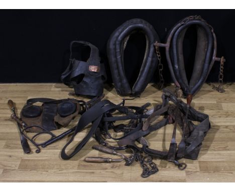 Equestrian Interest - a pit pony mask; leather horse collar; farriery tools, etcProvenance:  The private collection of Bradbu