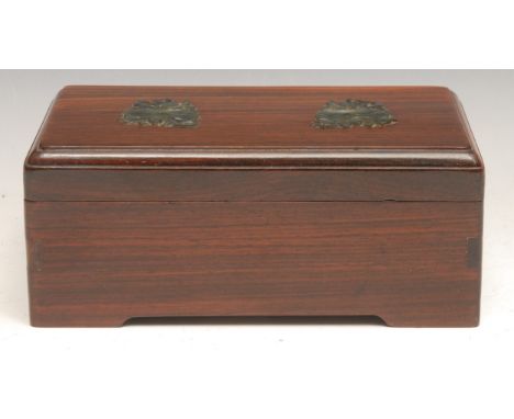 A Chinese jade mounted hardwood rectangular box and cover, bracket feet, 17cm wide 