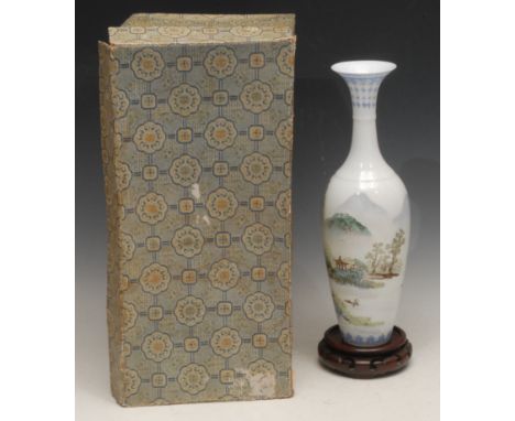 A Chinese slender baluster vase, painted in polychrome with a monumental landscape, 31.5cm high, seal mark, hardwood stand, b