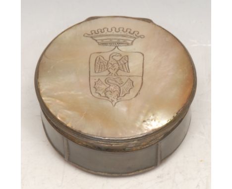 An early 19th century Continental mother of pearl mounted circular table snuff box, stand-away hinged cover engraved with an 