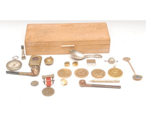 Boxes and Objects - an enamel decorated vesta case, Sam, 4.5cm long; a compass; an Edward VIII lighter of military interest; 