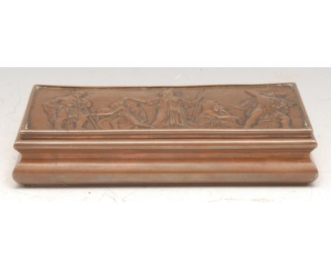 A 19th century waisted rectangular table snuff box, in the Grand Tour taste, hinged cover cast with a bas relief after the An