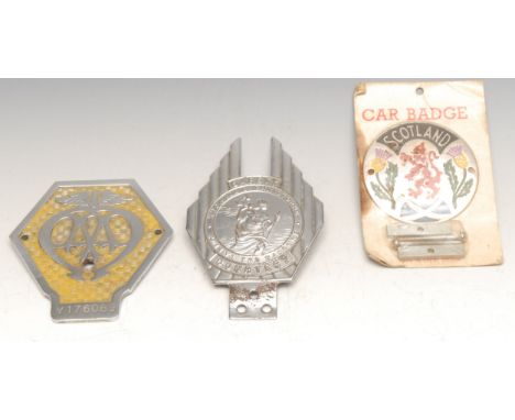 Automobilia - a Vintage AA car badge, V176089, 10.5cm long; others, St Christopher; Scotland (3) 