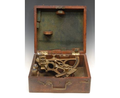 A 19th century brass sextant, by G E Hicks, Plymouth, silvered scale, rosewood handle, 23cm wide, boxed 
