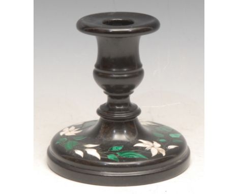 A 19th century Derbyshire Ashford marble candlestick, campana sconce, the domed base inlaid in malachite and specimen stone w
