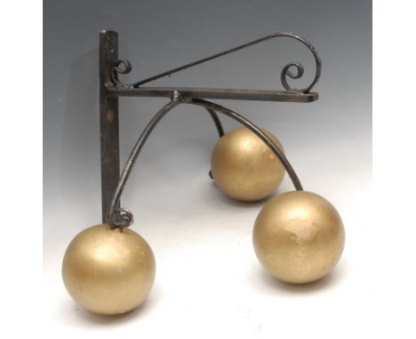A pawnbroker's shop sign, the wrought iron bracket 31cm long 