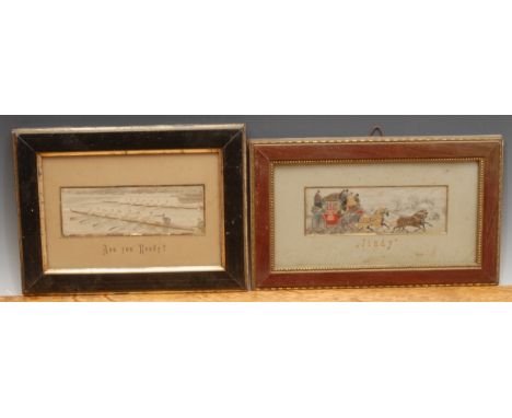 Rowing - a Victorian Stevengraph, Are You Ready?, by Thomas Stevens, Coventry and London, 5.5cm x 15cm; another, Jindy (2) 