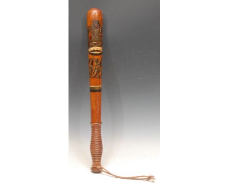 Police History - a Victorian Scottish turned rosewood truncheon, by McNaughton Glasgow, painted with crowned VR cypher, ribbe