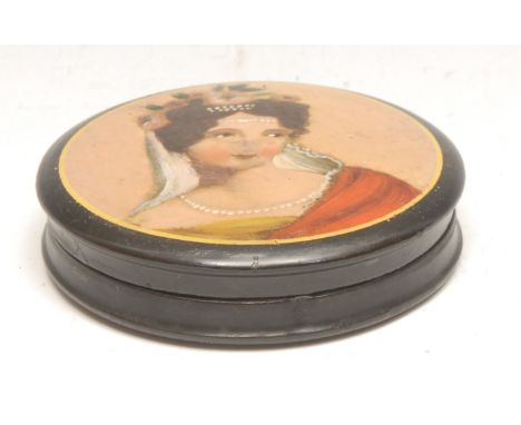 A 19th century French papier mache waisted circular snuff box, the push-fitting cover painted with a lady of title, 8.5cm dia