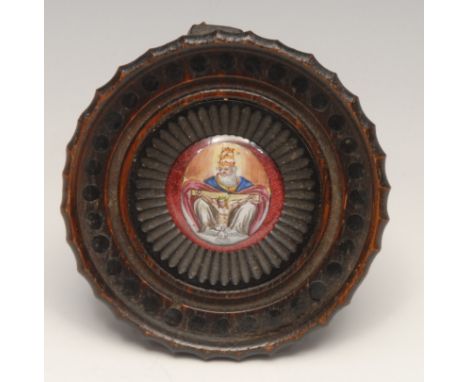 A Continental enamel icon or roundel, possibly Russian, depicting the Holy Trinity, 3cm diam, engine turned hardwood frame, 9