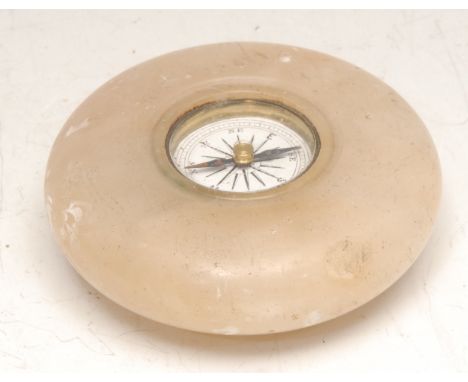 A 19th century alabaster desk weight compass, 7cm diam 