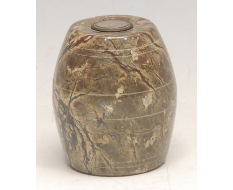 An early 20th century Cornish serpentine barrel shaped novelty desk weight, set with a compass, 4.5cm high 