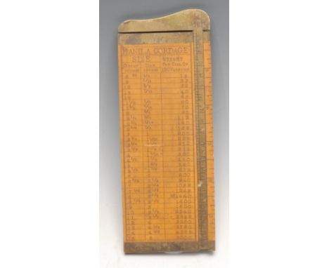 An early 20th century promotional advertising brass mounted boxwood slide rule, the scale marked out in Manila Cordage Size, 