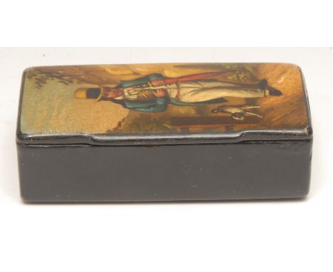A 19th century papier mache rounded rectangular snuff box, hinged cover decorated in polychrome with a gentleman holding an u