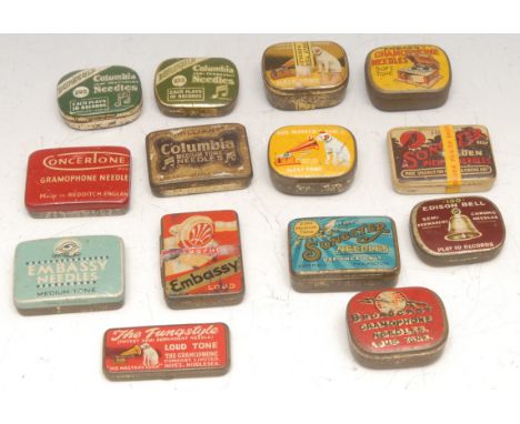 Advertising - Vintage Mechanical Music - a collection of early 20th century gramophone needle tins, Embassy, Broadcast, The T
