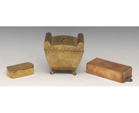 An early 19th century brass sarcophagus tea caddy, hinged cover with axehead handle, faux bright-cut borders, paw feet, 11cm 