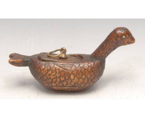 A 19th century folk art treen snuff box, naively carved as a water fowl, 11.5cm long 