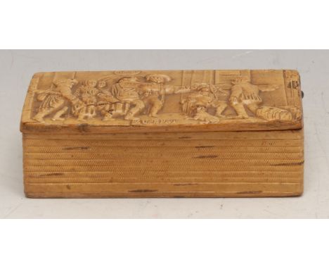 A 19th century Tyrolean pressed birch rectangular snuff box, the hinged cover with a tavern scene, Zu Spat [Too Late], 9cm wi