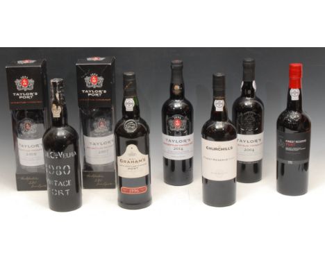 A bottle of Churchill's Finest reserve Port; others, Royal Oporto Wine Co, Vintage 1980; Taylor's late bottled vintage Port, 