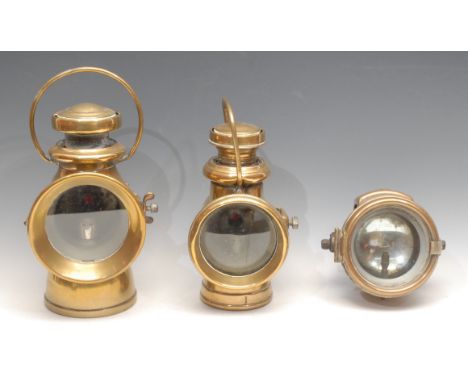 Automobilia - an early 20th century brass carriage lamp, Lucas No 724, King of the Road; another, Powell &amp; Hanmer Ltd; a 